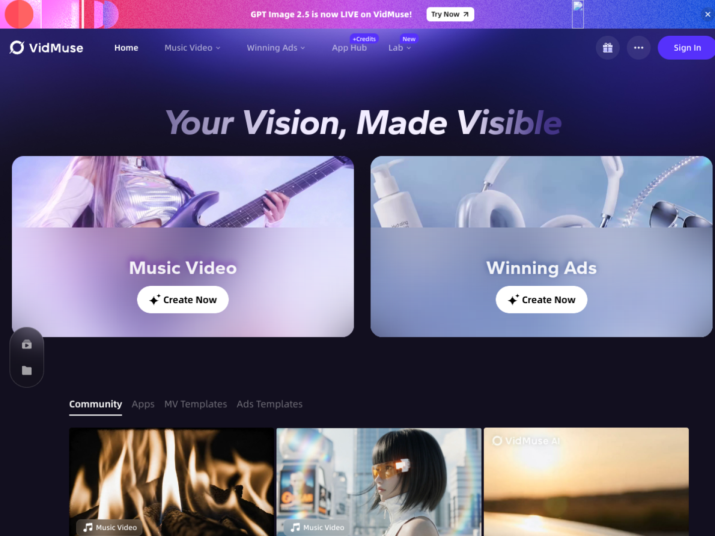 VidMuse production website homepage